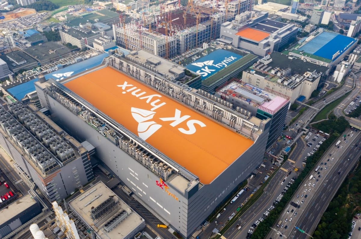 SK Hynix semiconductor fab seen from above among other buildings