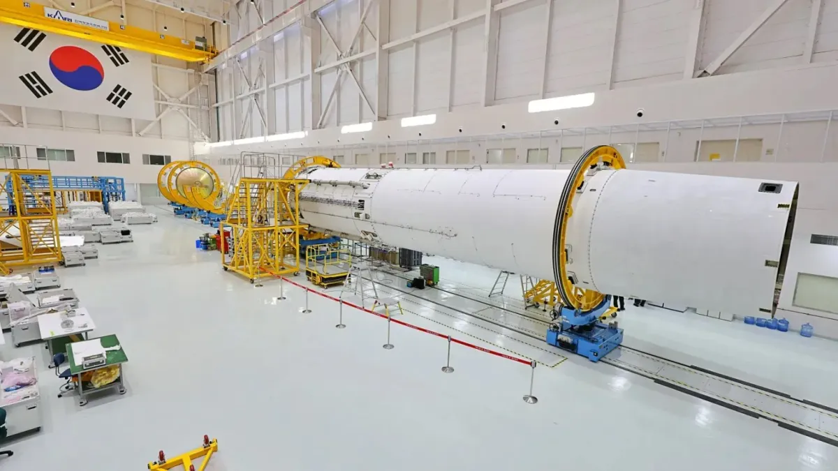 A rocket under assembly in a South Korean space facility