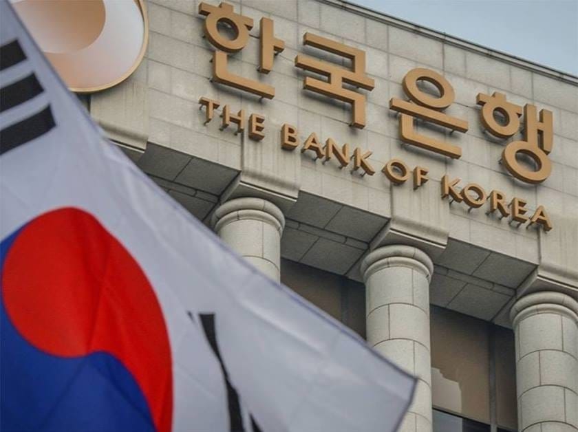 Facade of the Bank of Korea building with flag in the foreground