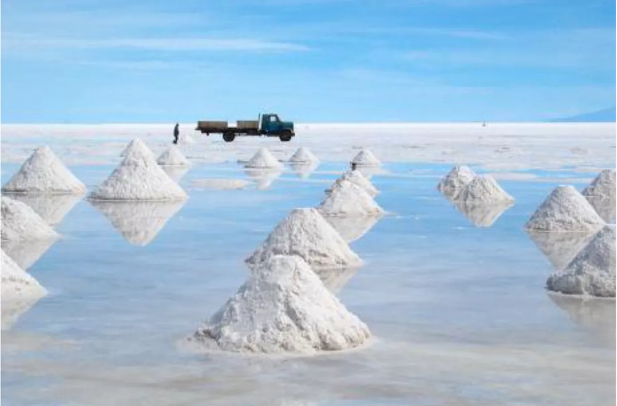 Piles of lithium salts dry on the ground, with an industrial truck in the background