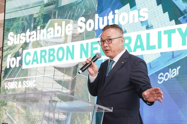 Whang Joo-ho, CEO of Korea Hydro & Nuclear Power speaks at a lectern